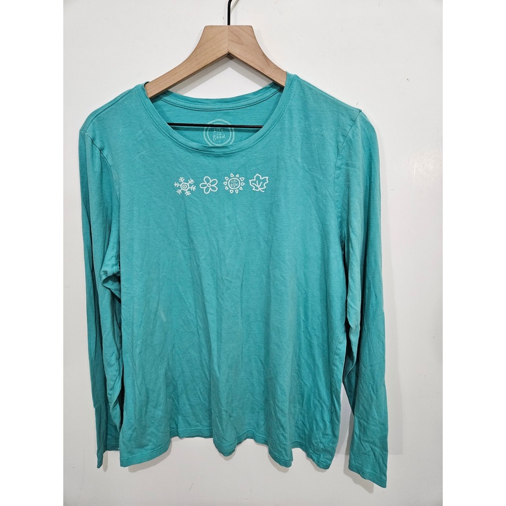 Life Is Good Crusher Tee Womens Large Teal Four Seasons Graphic Long Sleeve Cott